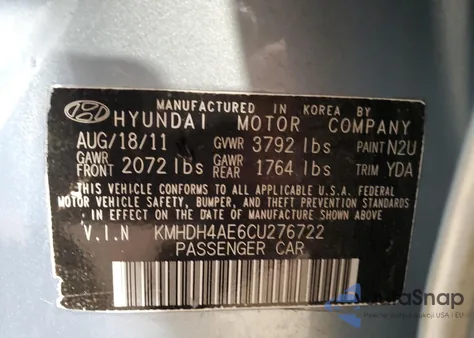 2012 Hyundai Elantra Gls z USA, uszkodzony, nr VIN KMHDH4AE6CU276722